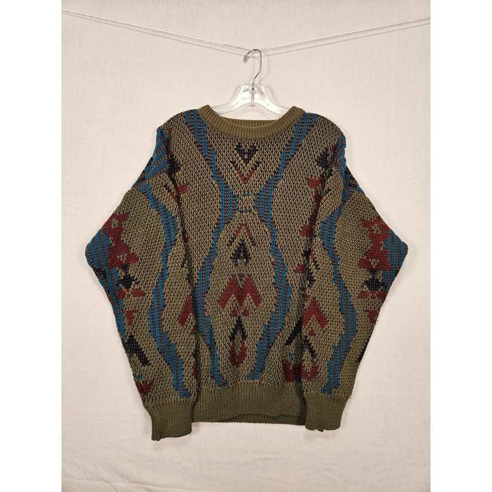 Zeppelin Mens Vintage Geometric Intarsia Knit Crewneck Sweater Olive Blue 80270